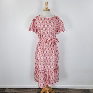 Ann Taylor Dress Womens Large White Pink Floral Tie Waist Midi Ruffle Cotton